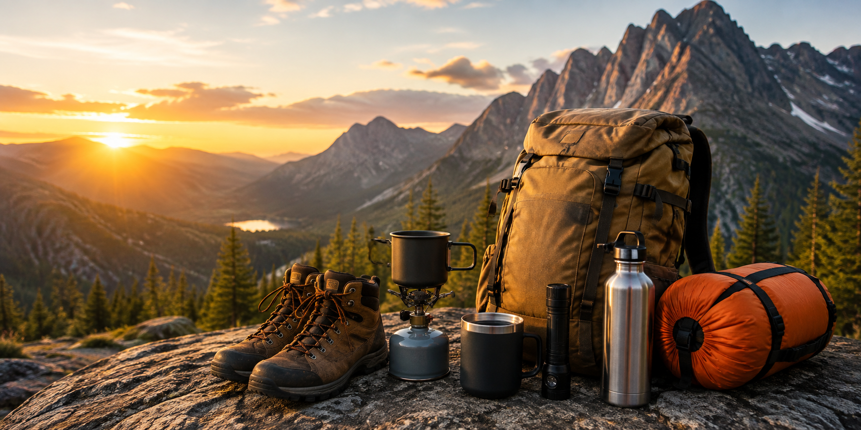 Backpack, hiking boots, camera and outdoor gear in the mountains
